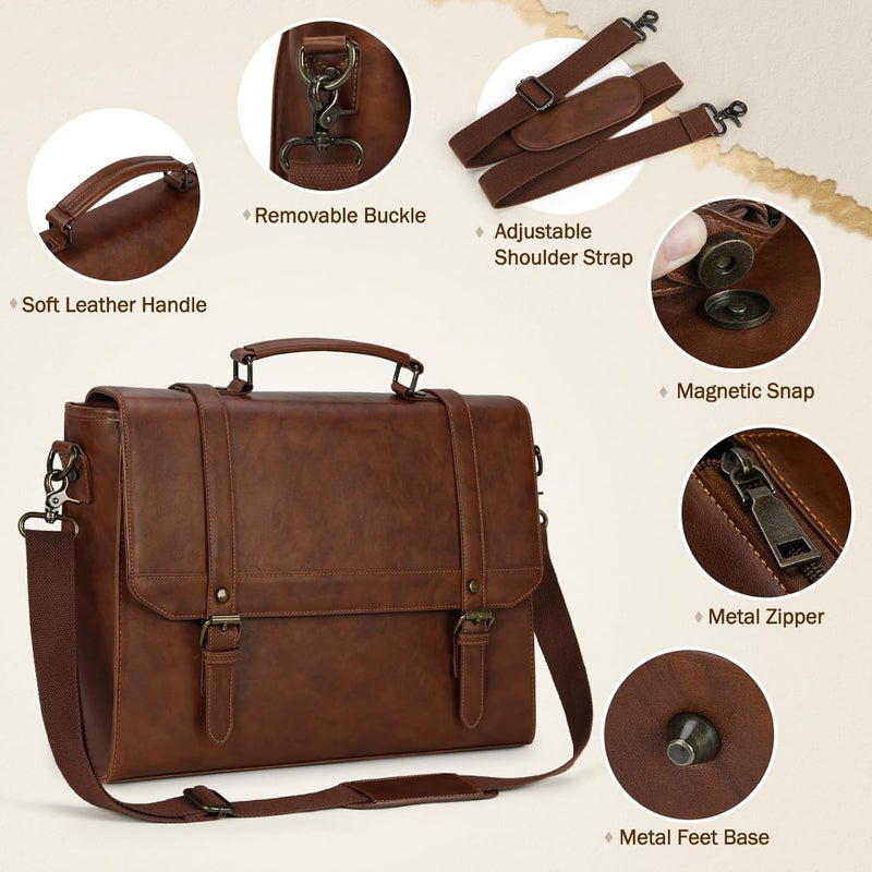 IGOLUMON Messenger Bag for Men 18 inch Vintage Leather Waterproof Laptop Briefcase Large Computer Laptop Bag Leather Satchel Bag Retro Shoulder Bag for Office Business Travel College, Brown - Image 4